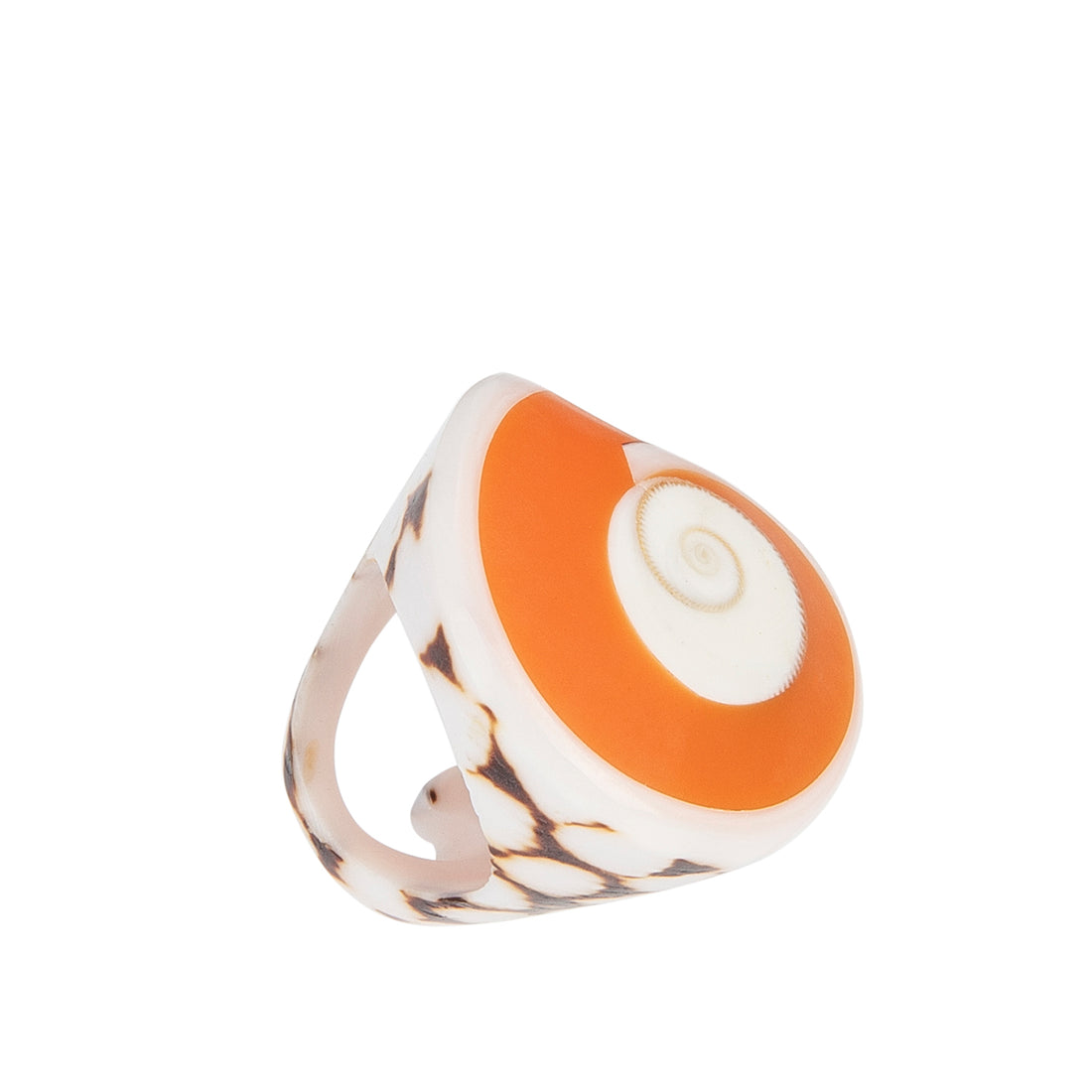 A hand-carved seashell ring with orange and white colors, set with a semi-precious stone.