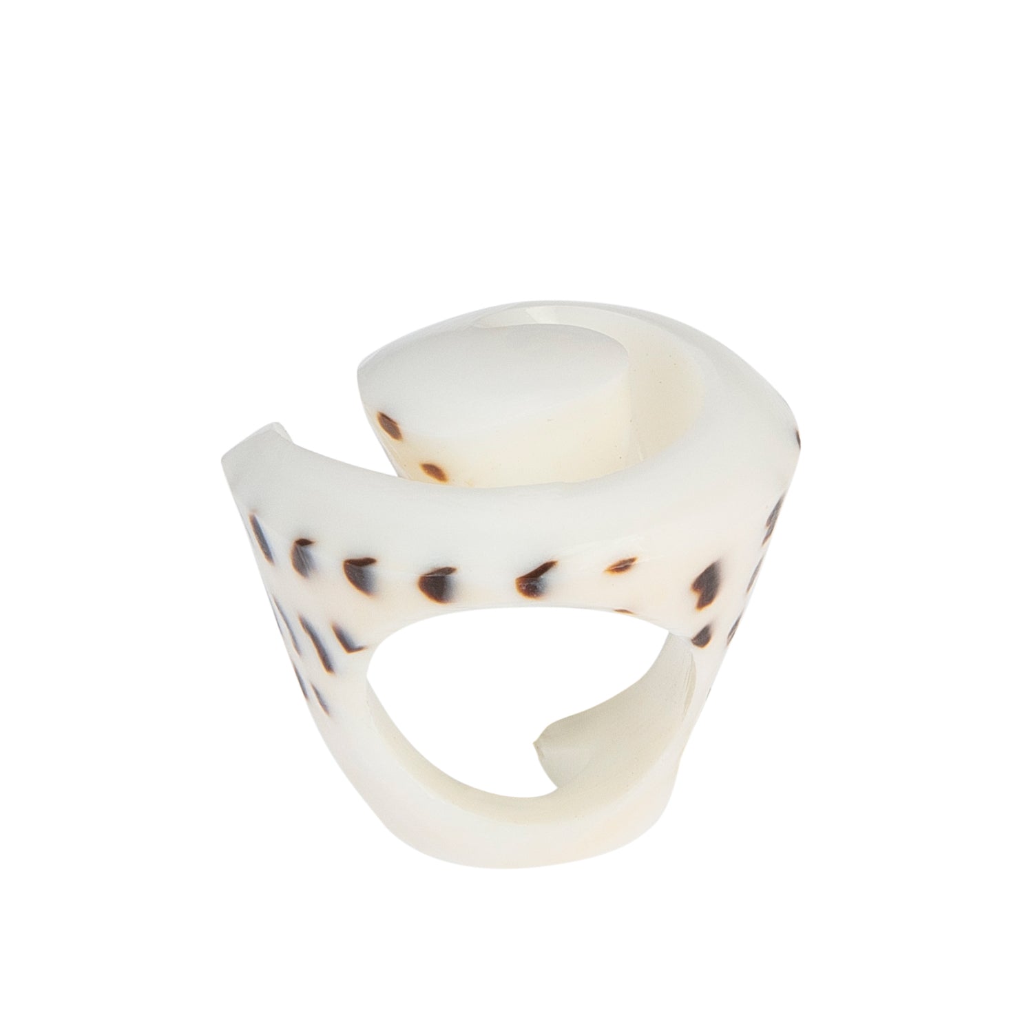 A hand-carved seashell ring made with semi-precious stones.