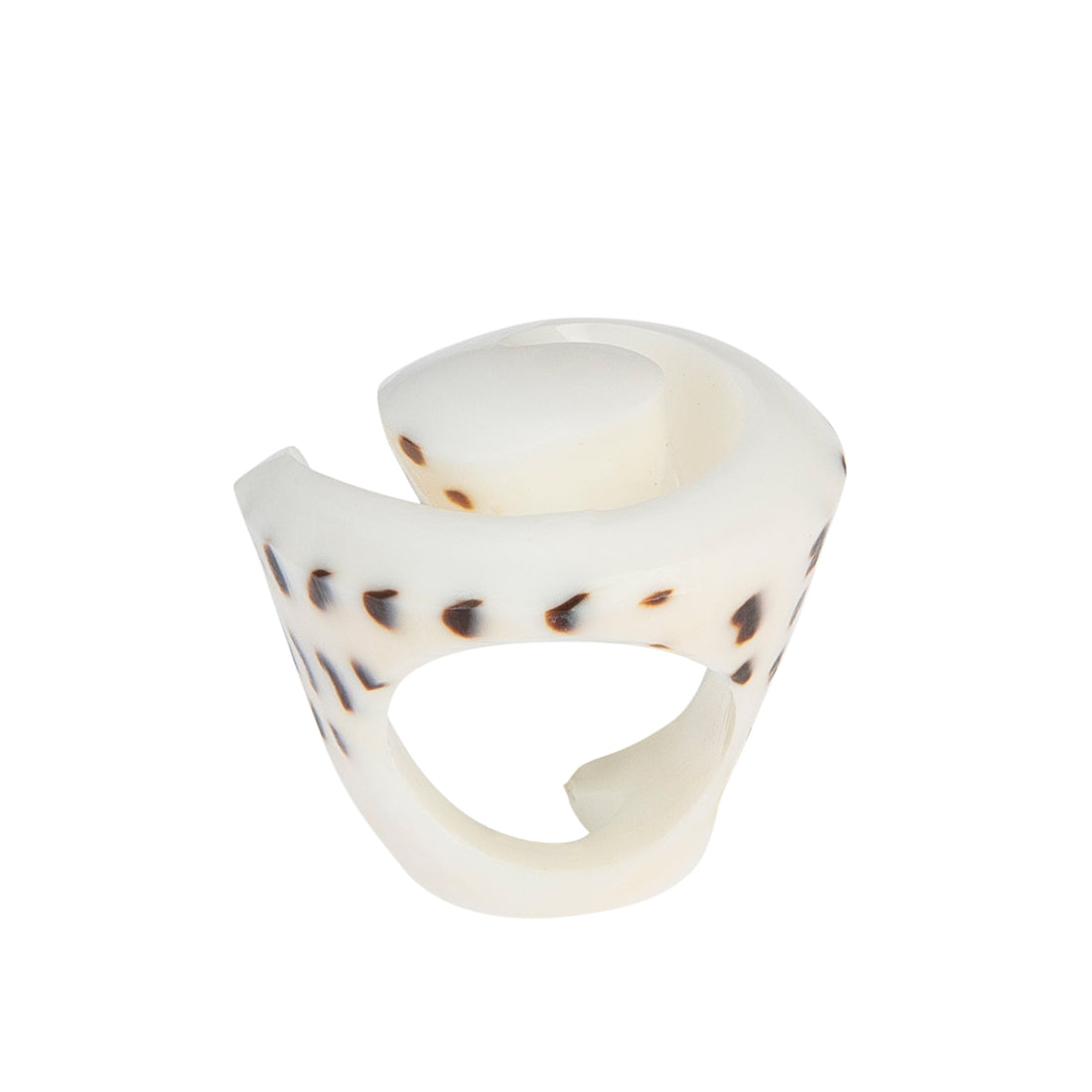 A hand-carved seashell ring made with semi-precious stones.