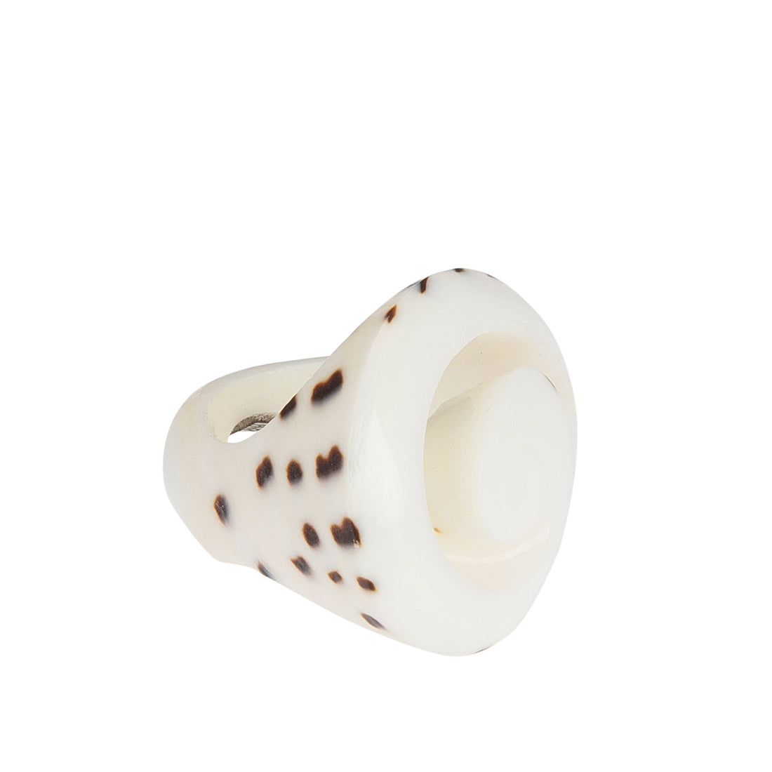 A hand-carved seashell ring made with semi-precious stones.