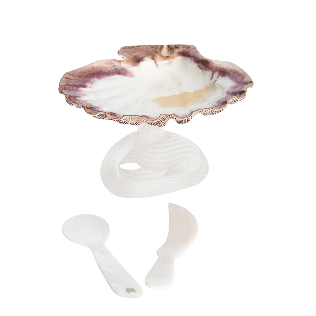 Scallop Shell-shaped serving dish with a mother of pearl spoon and knife on a white background