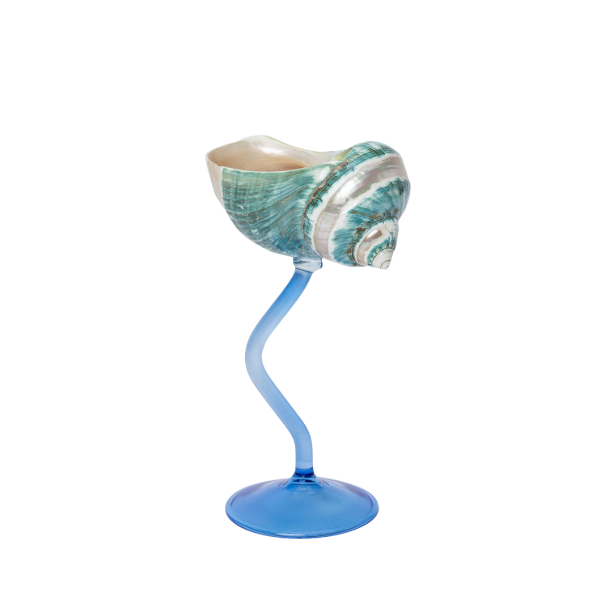 A luminous Pearl Turbo shell perched upon a handcrafted pale blue glass stem.