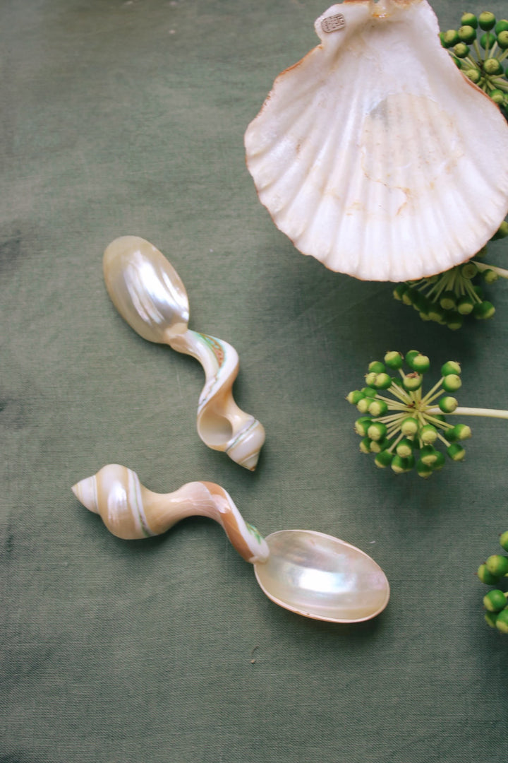 Shell Shaped Spoons made of mother of pearl on a light green table cloth