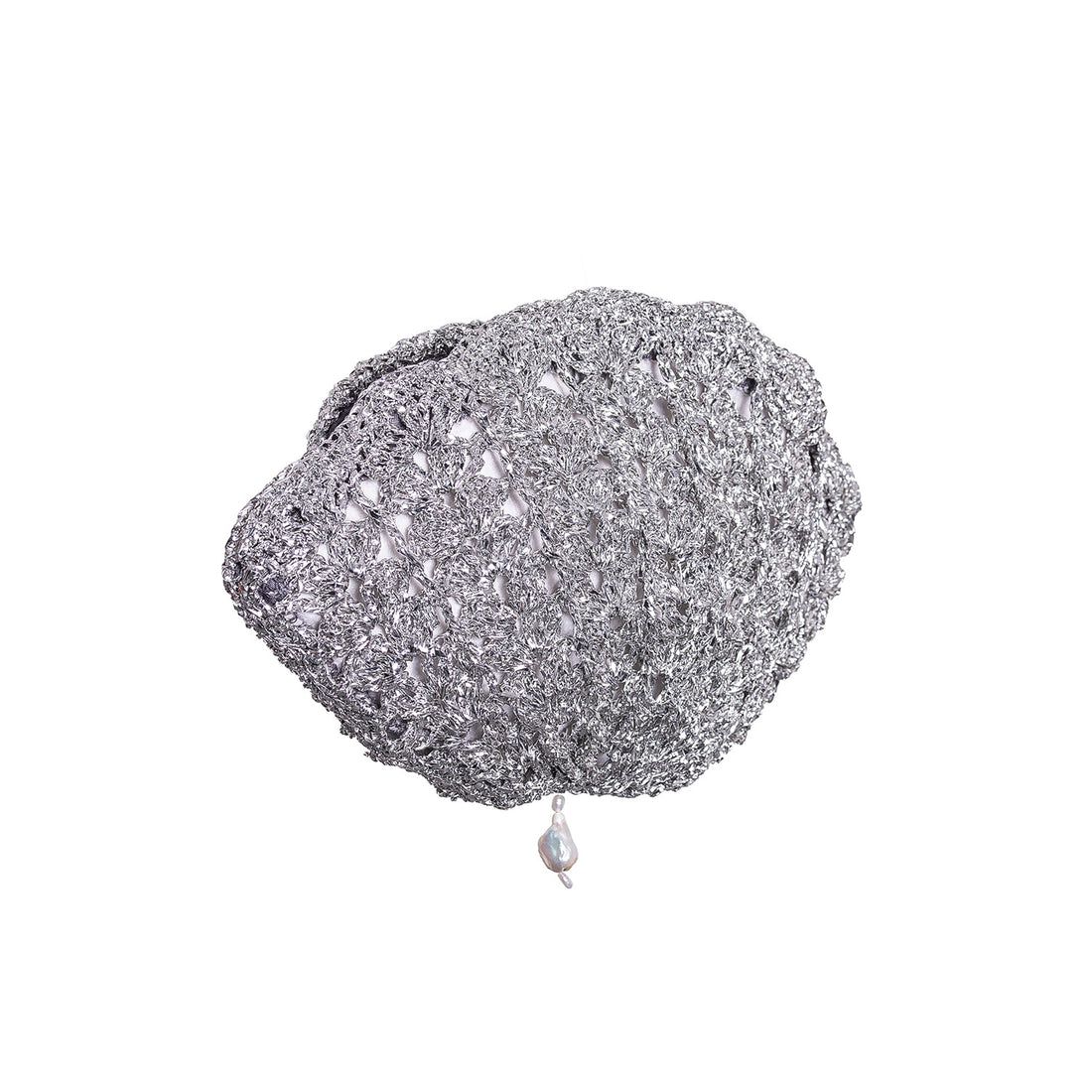 Handcrafted silver metallic crochet shell clutch featuring a pearl drop.